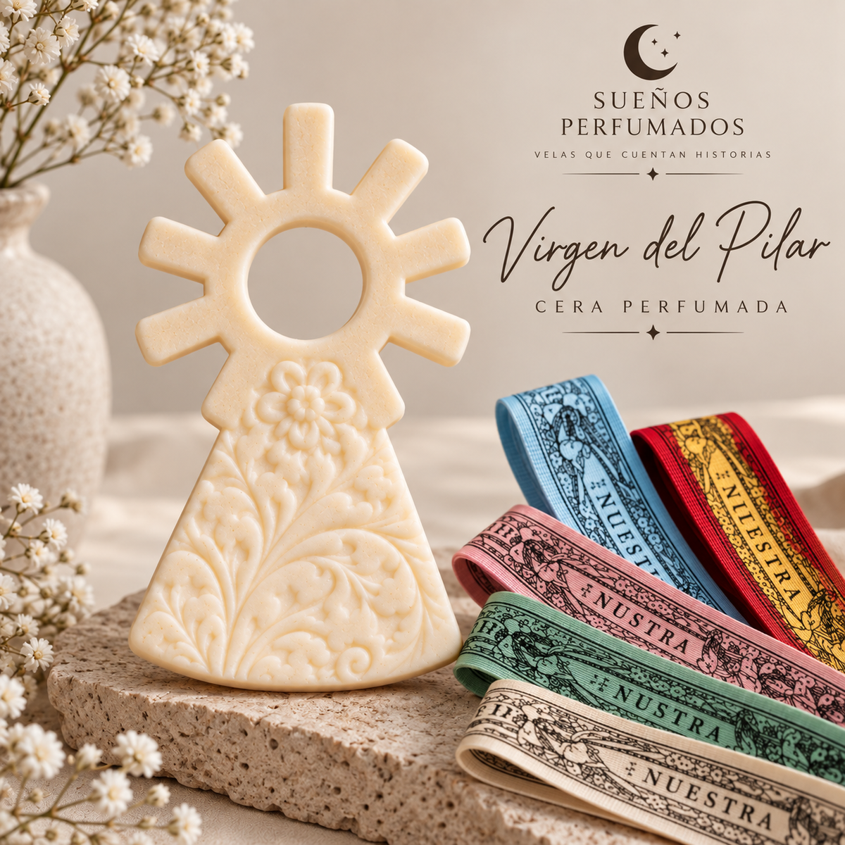 Ambientador de armario Virgen del Pilar en cera perfumada artesanal con medidas de colores