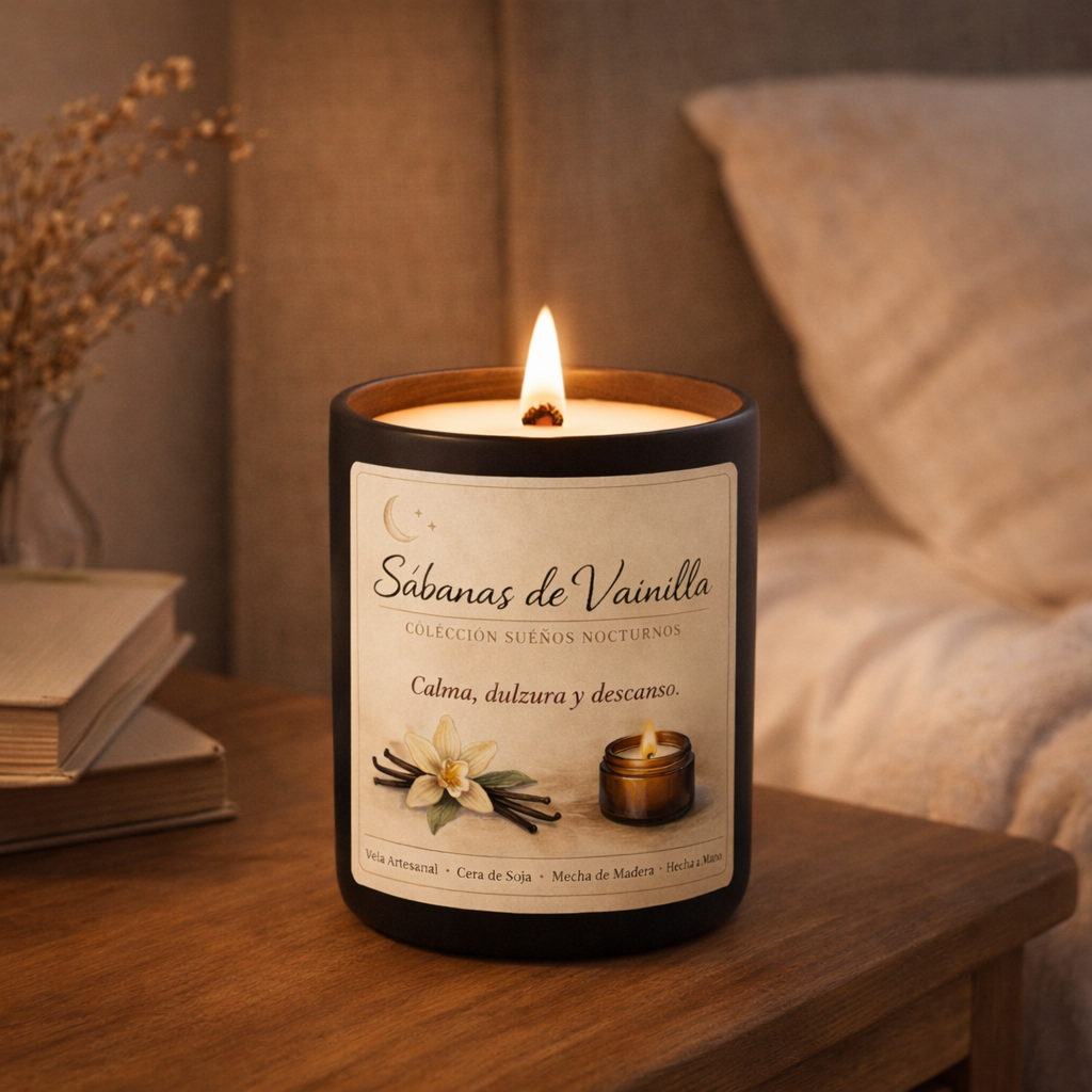 Vela de soja Sábanas de Vainilla encendida en un ritual nocturno, vela artesanal elaborada en Zaragoza.
