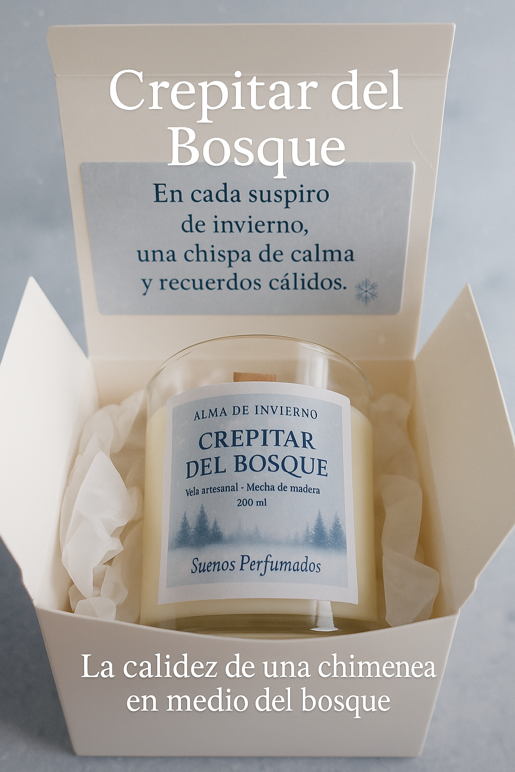 "Vela artesanal Crepitar del Bosque de Sueños Perfumados, fragancia invernal con notas de madera, especias suaves, vainilla y ámbar."