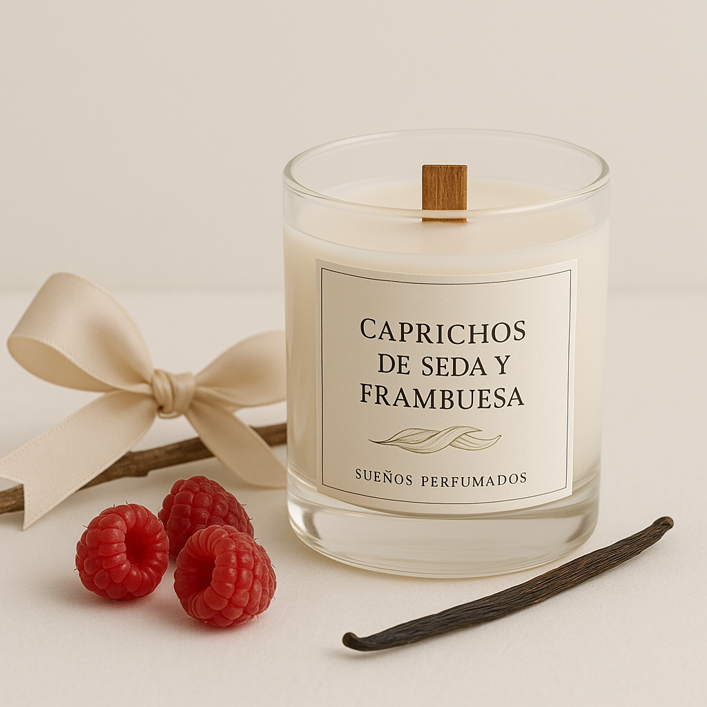 Vela aromática artesanal “Caprichos de Seda y Frambuesa” en vaso de cristal con mecha de madera, rodeada de frambuesas frescas, vaina de vainilla y lazo de seda beige.