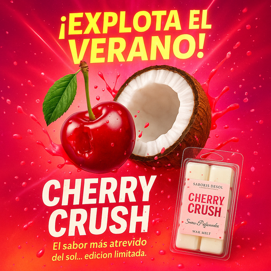 Lanzamiento Cherry Crush de Sueños Perfumados. Visual veraniego con cereza, coco y fondo rosa intenso. Colección Sabores de Sol.