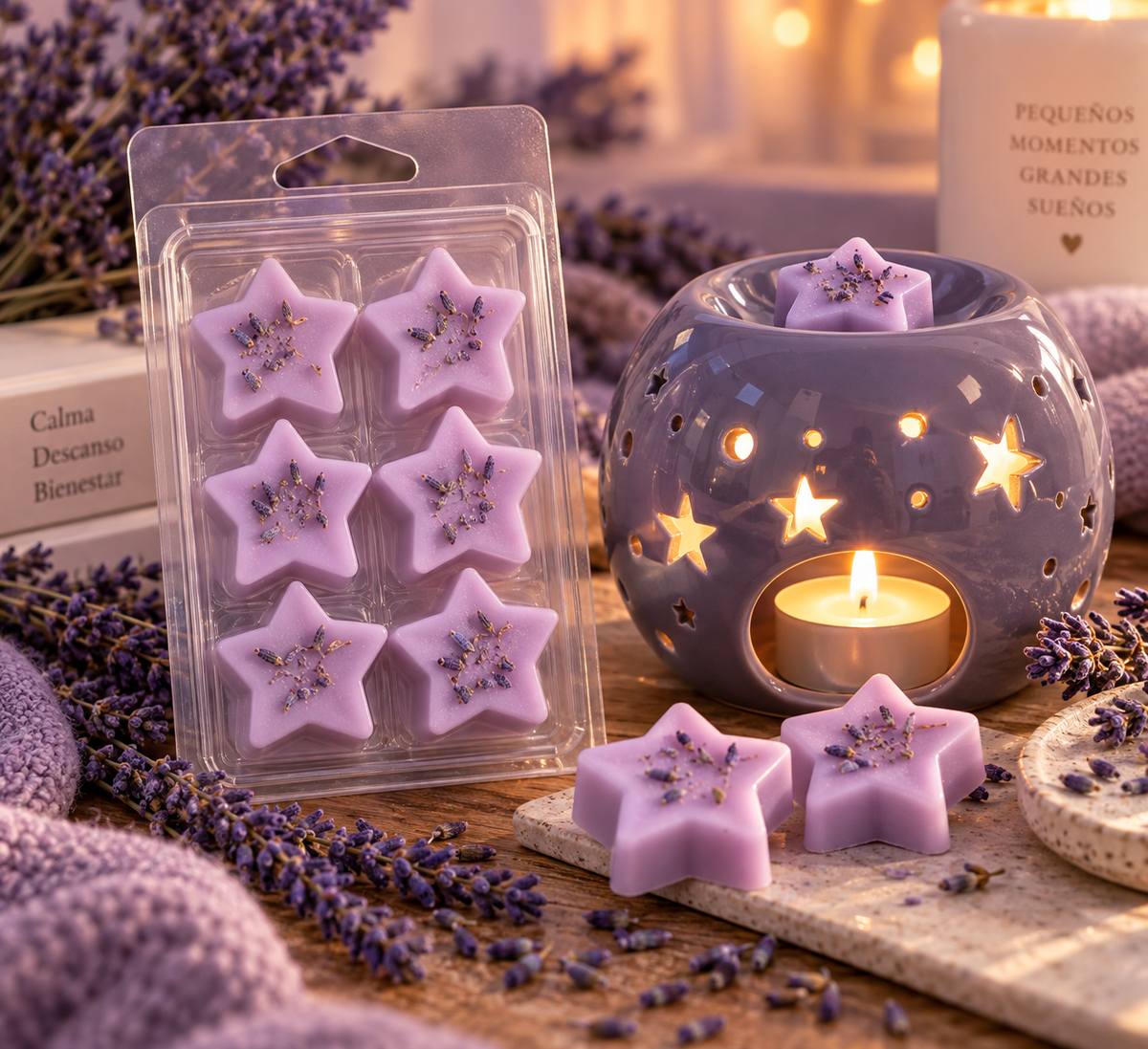 Wax melts Caricia de Lavanda junto a quemador de estrellas encendido, aroma relajante de lavanda