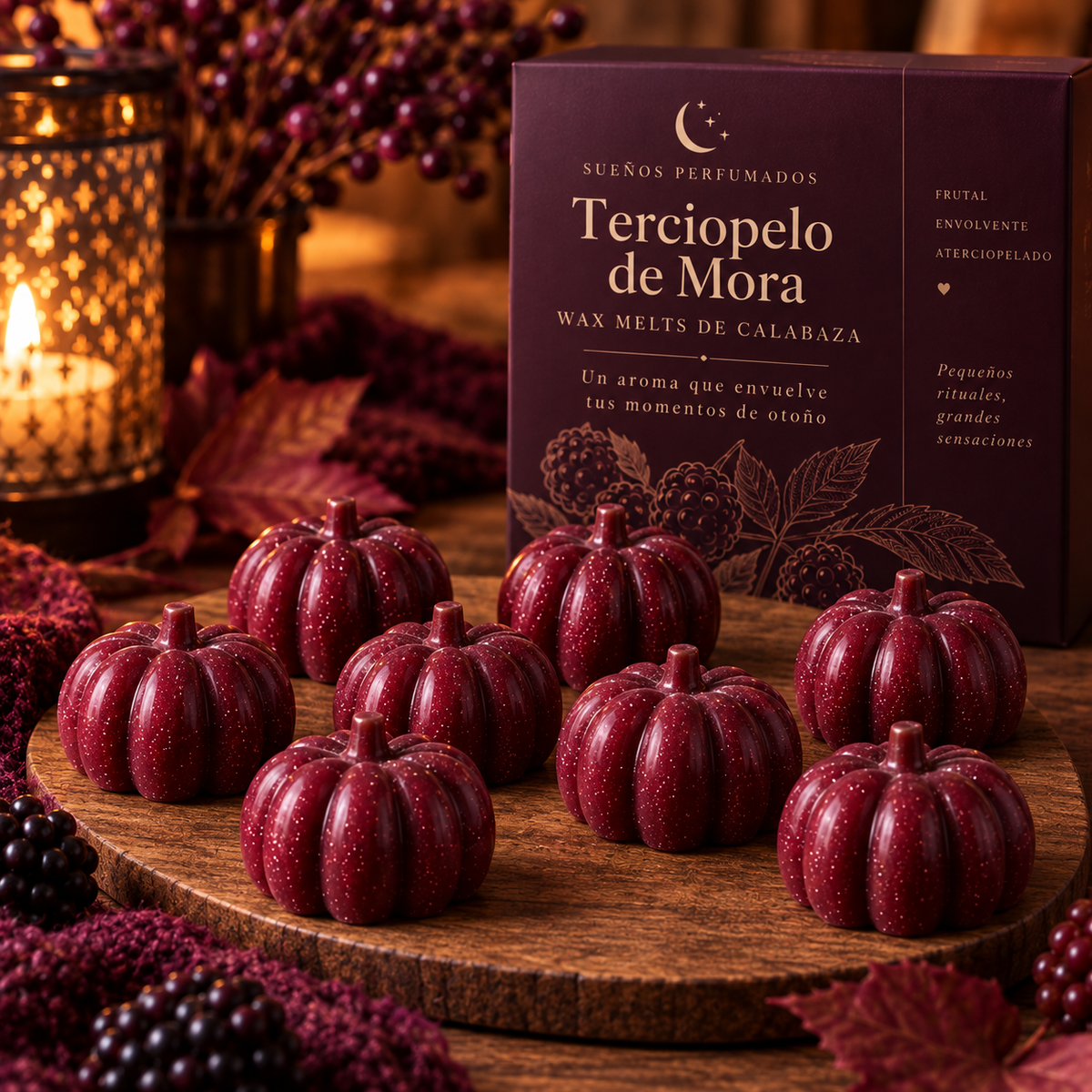 Wax melts artesanales de Terciopelo de Mora en forma de calabaza burdeos – Sueños Perfumados