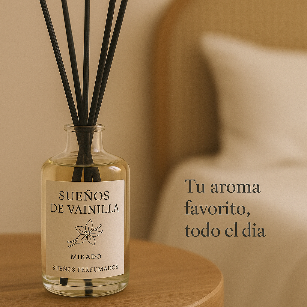 Mikado artesanal Sueños Perfumados con varillas de ratán en frasco elegante, ambientador natural para el hogar con fragancias duraderas.
