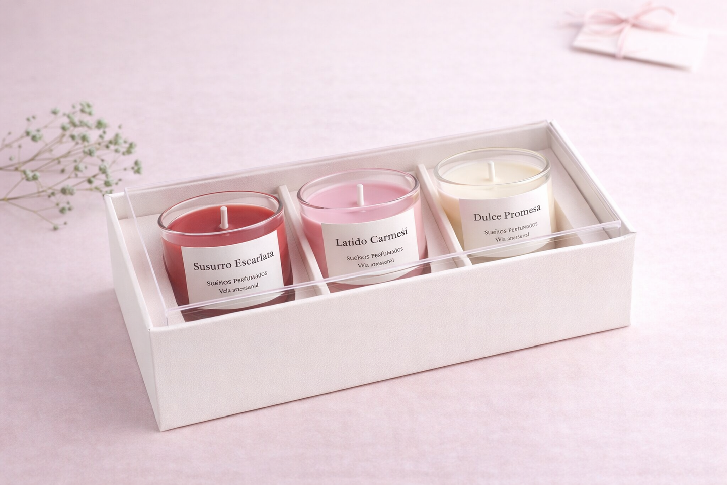 Trío San Valentín mini velas artesanales alineadas dentro de la caja (vista superior)