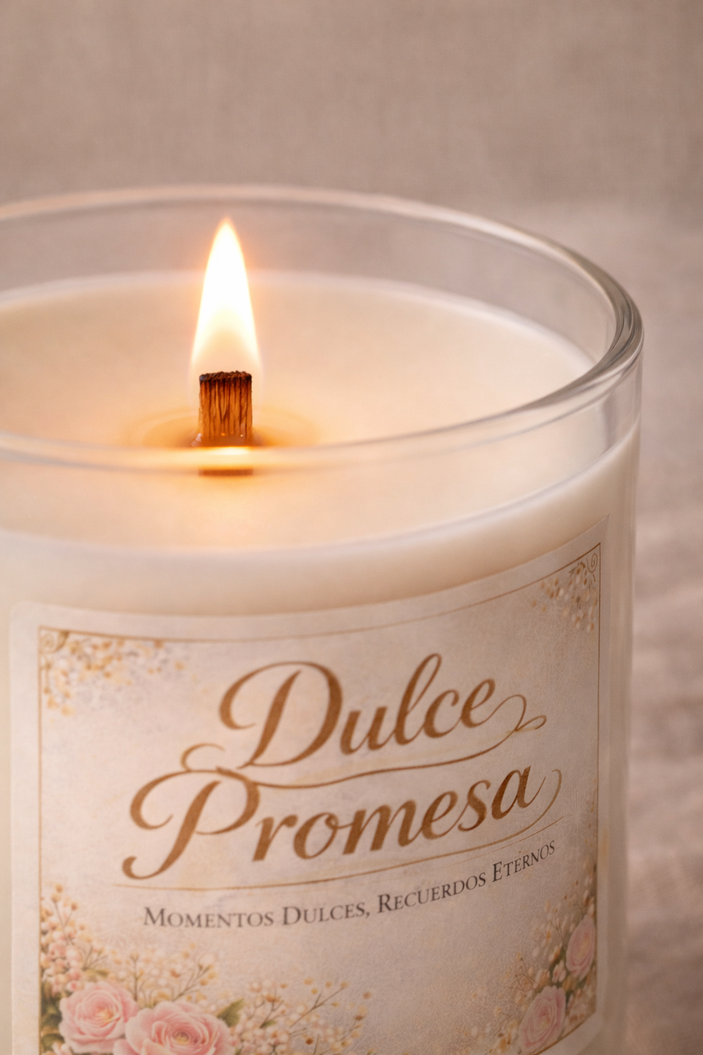 Detalle de la vela artesanal Dulce Promesa hecha en Zaragoza, con mecha de madera y cera de soja natural.