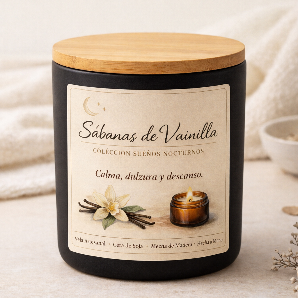Vela artesanal Sábanas de Vainilla en vaso cerámico negro con tapa de bambú, hecha a mano en Zaragoza.