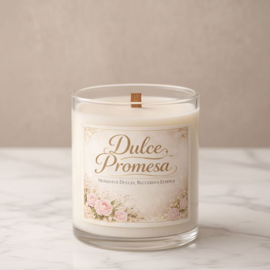 Vela artesanal Dulce Promesa hecha en Zaragoza, cera de soja con aroma a vainilla, coco y chocolate blanco, colección San Valentín de Sueños Perfumados.