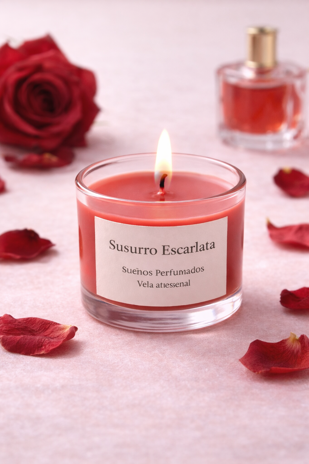 Mini vela Susurro Escarlata Sueños Perfumados en vaso de cristal con cera roja hechas en Zaragoza 