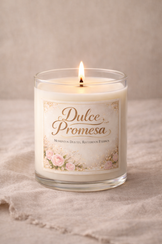 Vela Dulce Promesa encendida, hecha en Zaragoza, con mecha de madera y aroma dulce y cremoso de vainilla, coco y chocolate blanco.