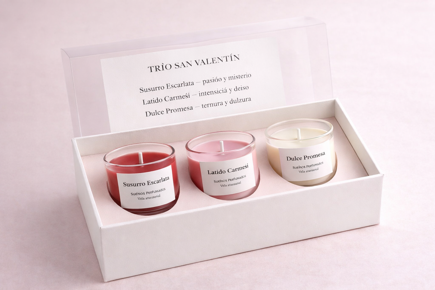 Pack Trío San Valentín Sueños Perfumados con 3 mini velas artesanales en caja blanca hechas en zaragoza con tapa transparente