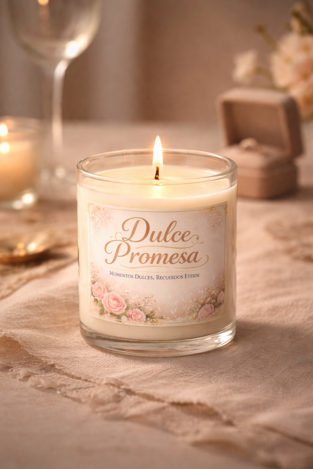 Vela romántica Dulce Promesa hecha en Zaragoza creando un ambiente cálido y acogedor con notas de vainilla, coco y chocolate blanco.