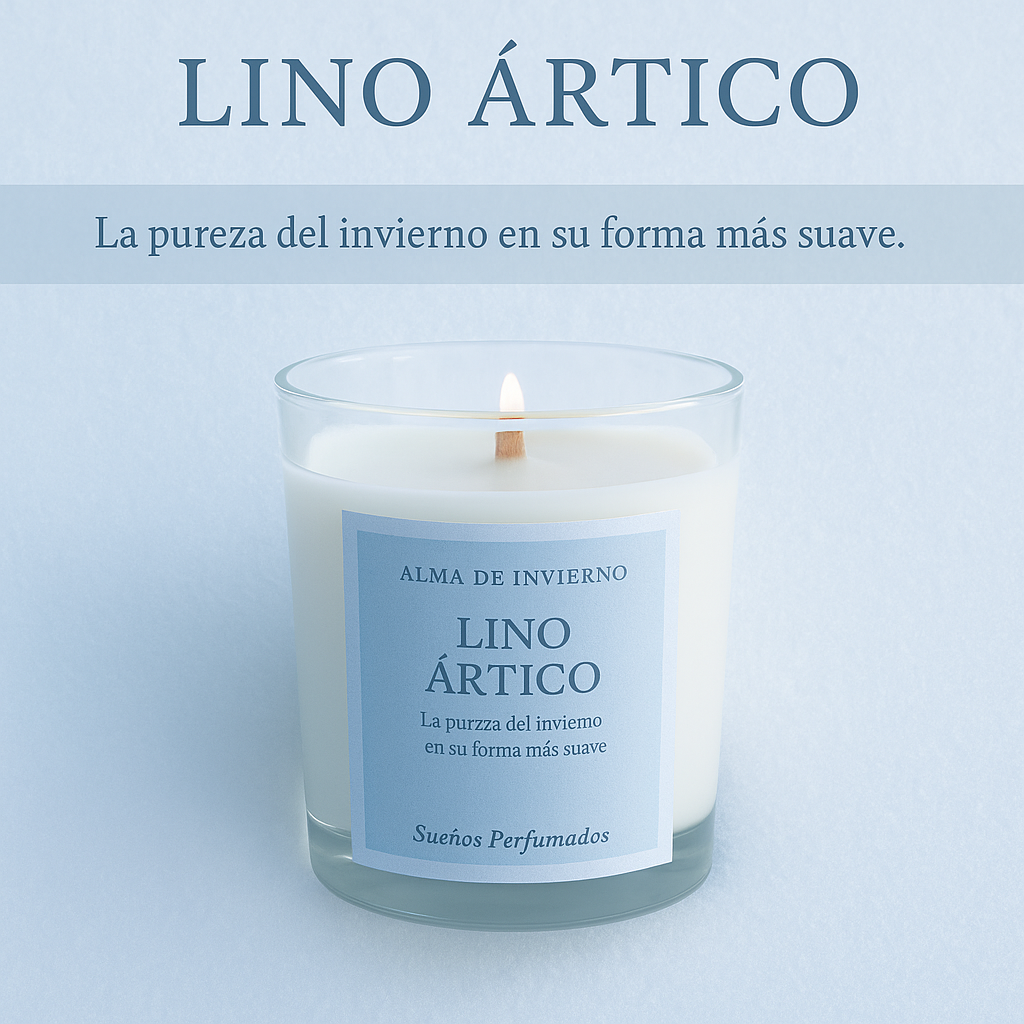Vela artesanal Lino Ártico de la colección Alma de Invierno – aroma fresco, empolvado y elegante
