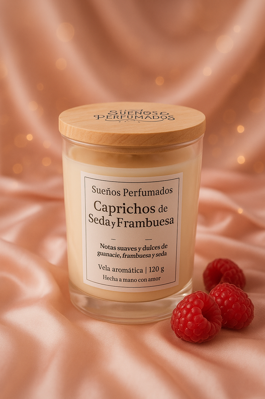 Vela de soja artesanal con aroma de frambuesa, caramelo y vainilla en envase elegante con tapa de bambú
