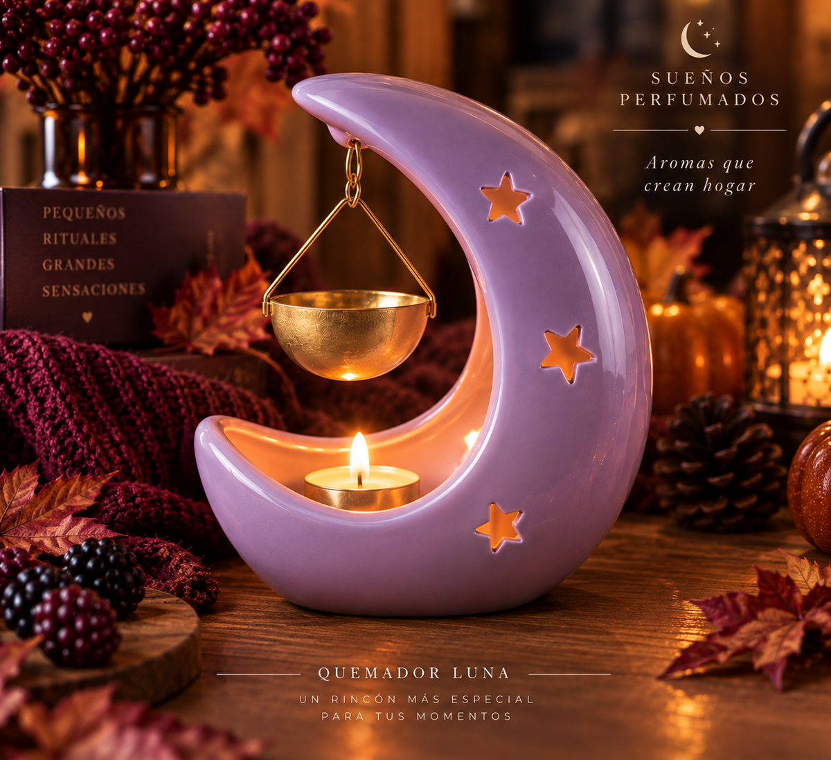 Quemador Luna lila para wax melts con detalles dorados en ambiente otoñal – Sueños Perfumados