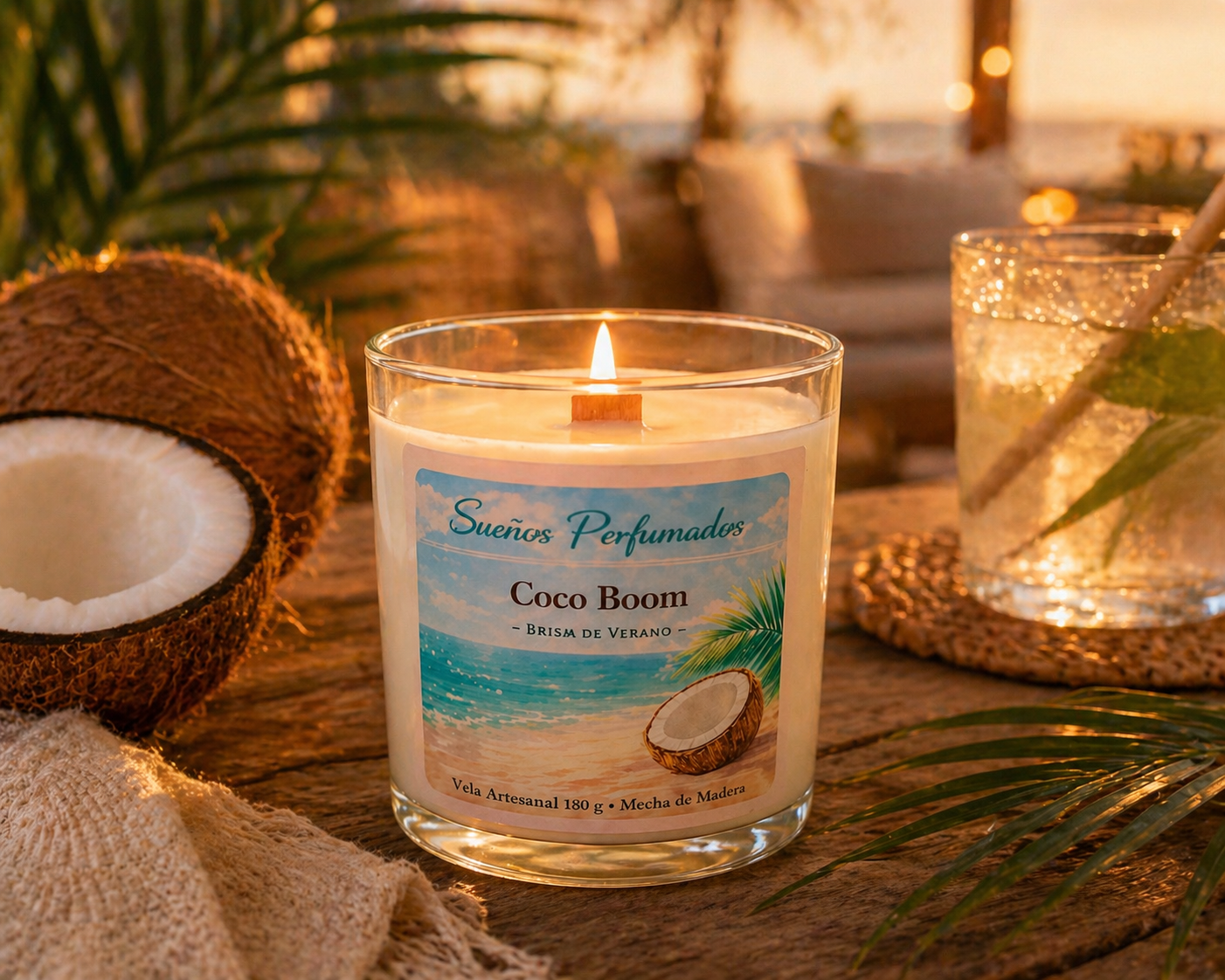 Vela artesanal Coco Boom de Sueños Perfumados en vaso de cristal con mecha de madera, aroma tropical de coco y cítricos, presentada en un ambiente veraniego inspirado en la playa.