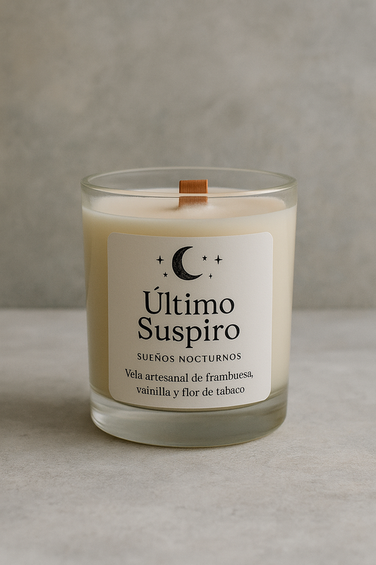 Vela artesanal Último Suspiro en vaso transparente con etiqueta ilustrada en blanco y negro.”

