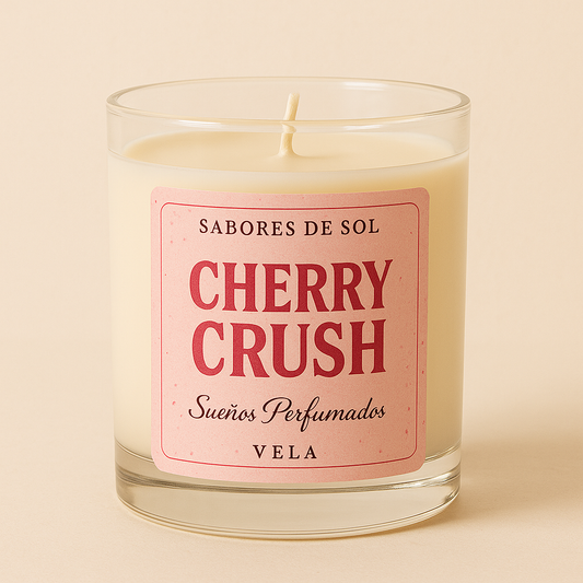 : Vela aromática Cherry Crush en envase de vidrio, con etiqueta rosa y mecha de madera. Aroma de cereza y coco, colección Sabores de Sol.
