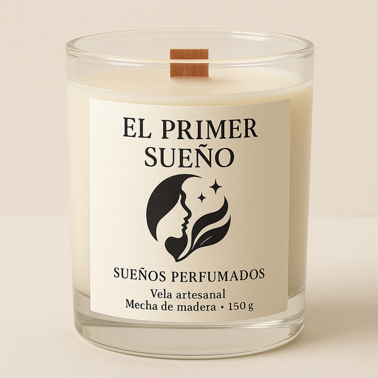 Vela artesanal El Primer Sueño en vaso de cristal transparente con etiqueta elegante, mecha de madera y fondo neutro. Diseño minimalista con ilustración femenina y estrella.