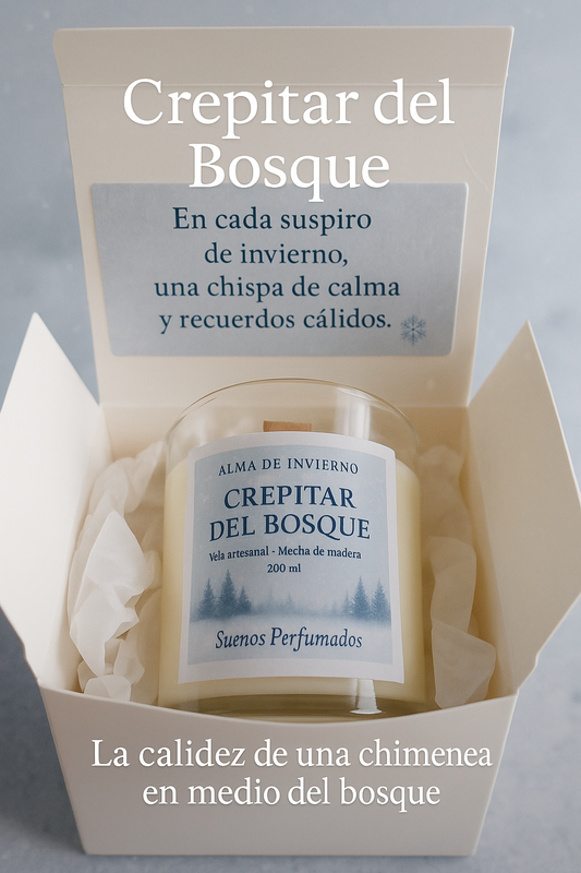 "Vela artesanal Crepitar del Bosque de Sueños Perfumados, fragancia invernal con notas de madera, especias suaves, vainilla y ámbar."

