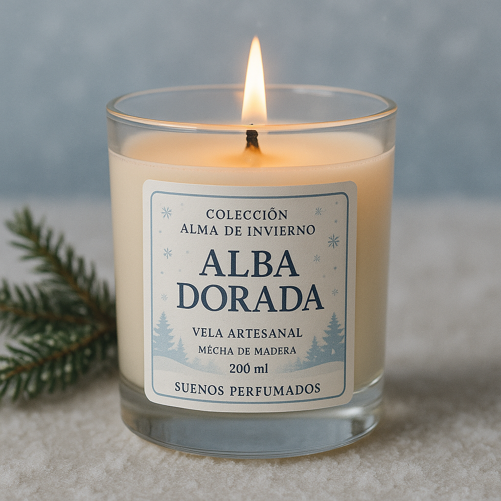 Vela artesanal Alba Dorada de Sueños Perfumados, colección Alma de Invierno, en vaso de cristal con etiqueta invernal.