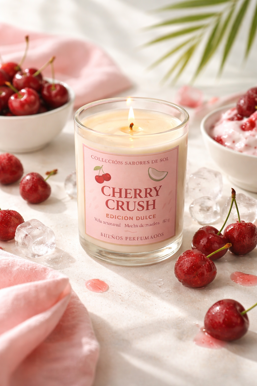 Vela Cherry Crush encendida con cerezas y crema, ambiente dulce y veraniego