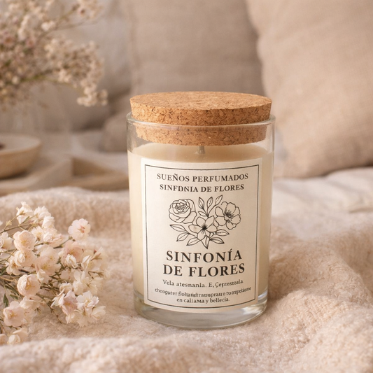 Vela artesanal Sinfonía de Flores en tarro de cristal con tapa de corcho, sobre manta beige con flores suaves, ambiente cálido y acogedor