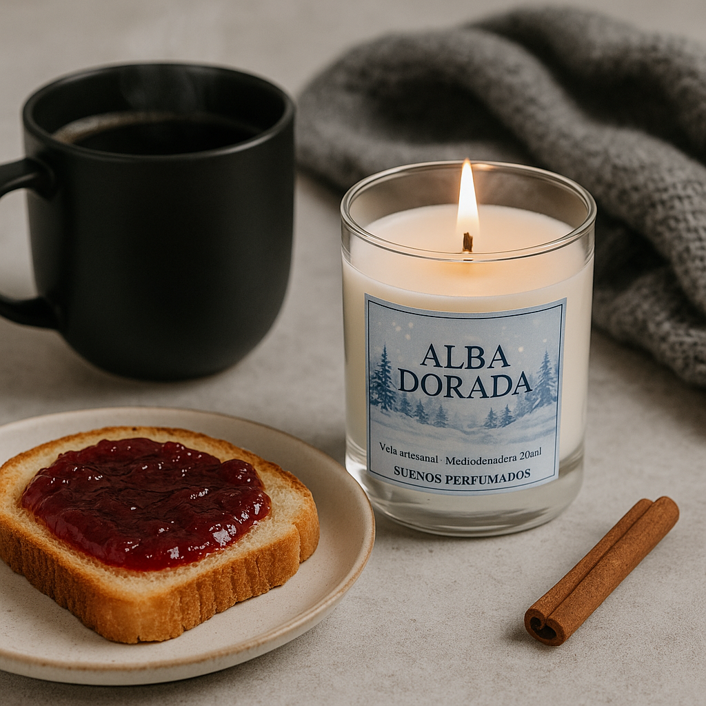 Vela Alba Dorada encendida de Sueños Perfumados junto a una taza de café, una tostada con mermelada y una rama de canela, sobre mesa de invierno acogedora.

