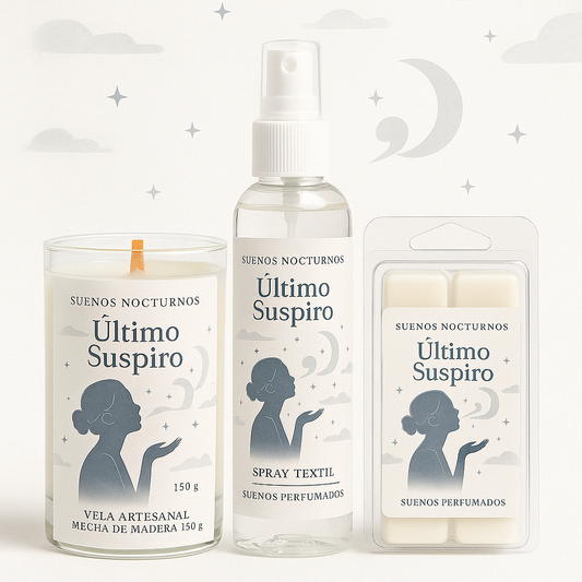 Pack Último Suspiro: vela, spray textil y wax melts con aroma a ámbar, vainilla y canela. Una experiencia cálida y reconfortante de la colección Sueños Nocturnos.