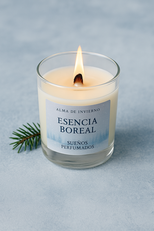 Vela artesanal Esencia Boreal de Sueños Perfumados, fragancia invernal inspirada en la aurora boreal con notas cítricas, frutos del bosque, flores empolvadas y vainilla.