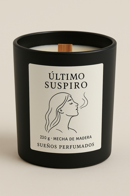 Vela artesanal Último Suspiro en vaso negro con mecha de madera – aroma cálido de frambuesa, vainilla y ámbar – colección Sueños Nocturnos