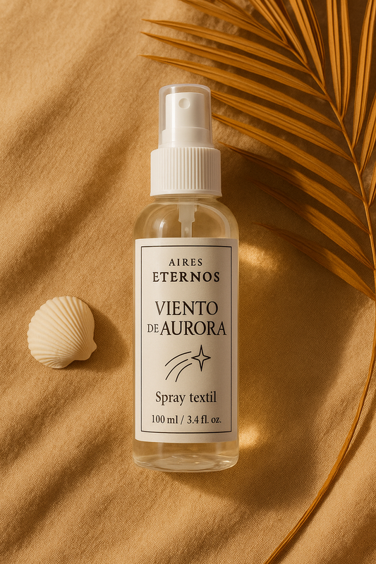 Botella de spray textil Viento de Aurora de Sueños Perfumados sobre fondo veraniego con concha y hoja decorativa