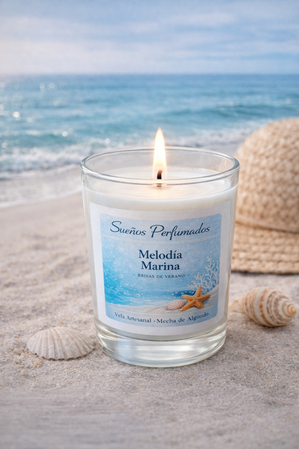Vela artesanal Melodía Marina encendida con aroma fresco inspirado en el mar sobre fondo relajante