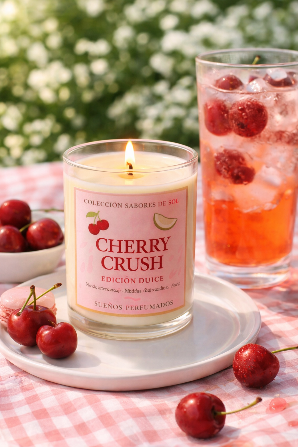 Vela Cherry Crush encendida rodeada de cerezas y bebida refrescante, evocando un momento dulce de verano