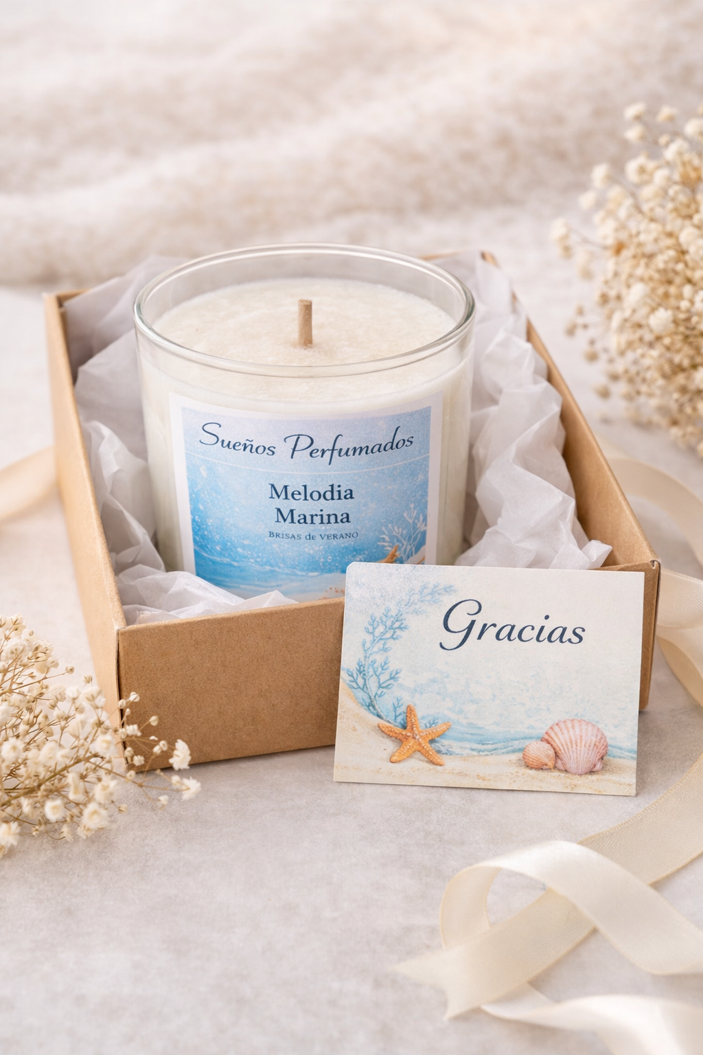 Vela artesanal Melodía Marina presentada en caja regalo con tarjeta decorativa Sueños Perfumados